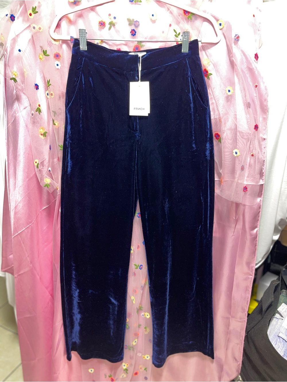 FRNCH Dark Navy Velvet Wide Leg Pants